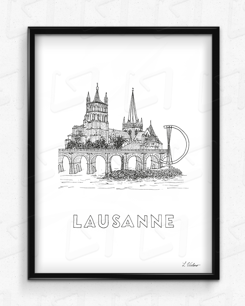 Affiche Lausanne illustration ville Suisse fait main 30x40cm